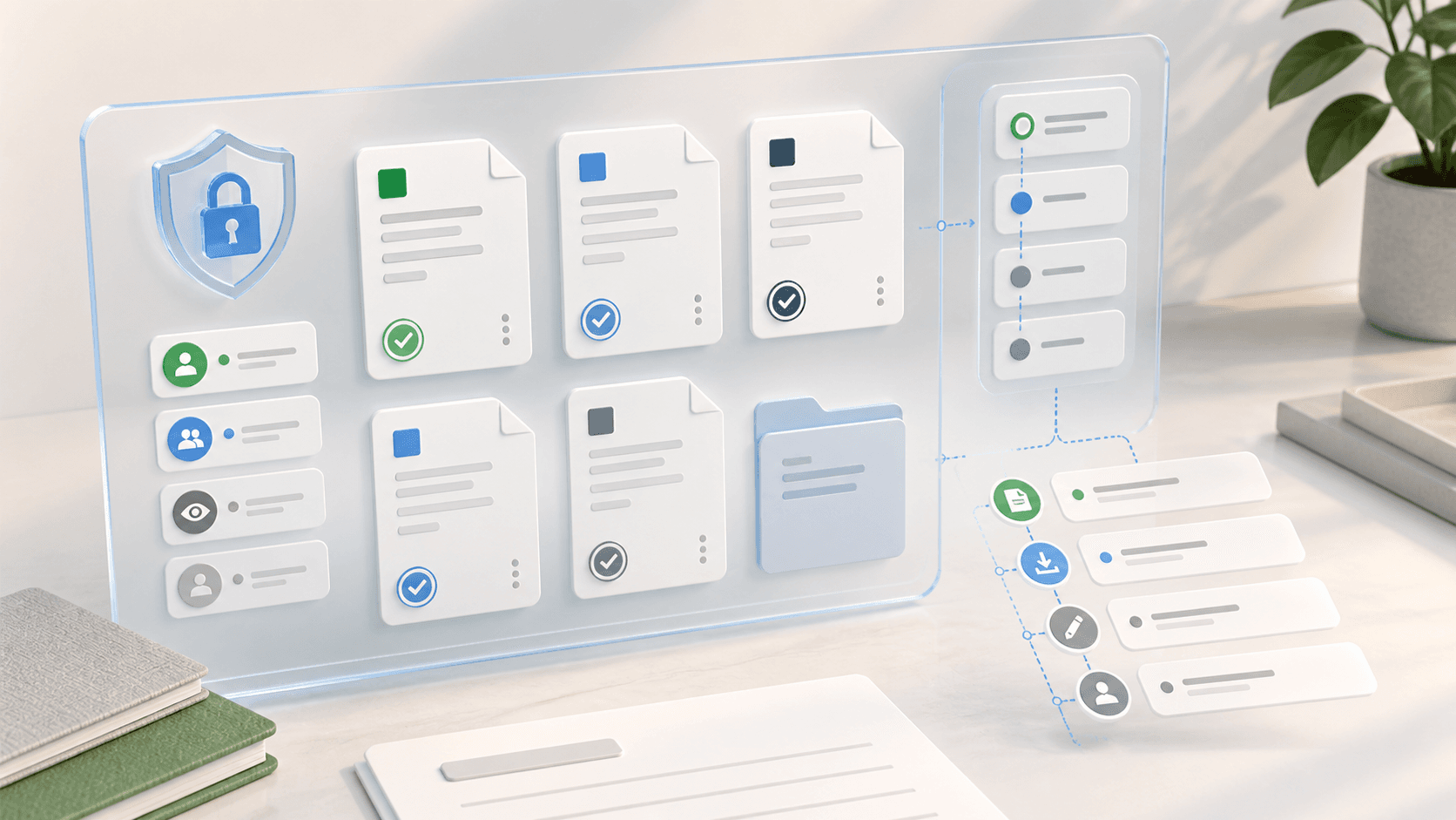 Secure board document workspace with role permissions, version markers, and audit trail.
